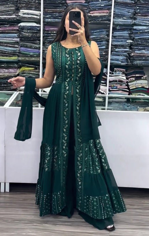 Green Color Party Wear Designer Indo-Western Plazo Suit
