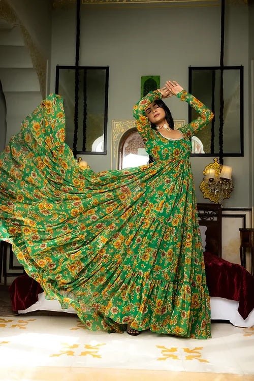 Green Colour Digital Flower Printed Anarkali Gown For Women