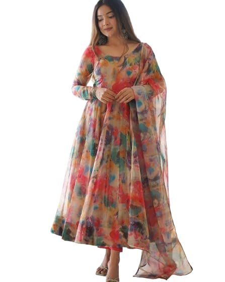 Women's Georgette Floral Printed Fit and Flare Anarkali Kurta with Dupatta