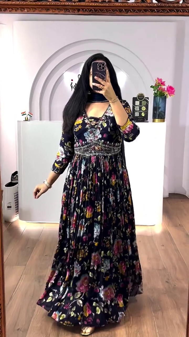 Black Colour Floral Printed Long Anarkali Black Kurta With Dupatta Set