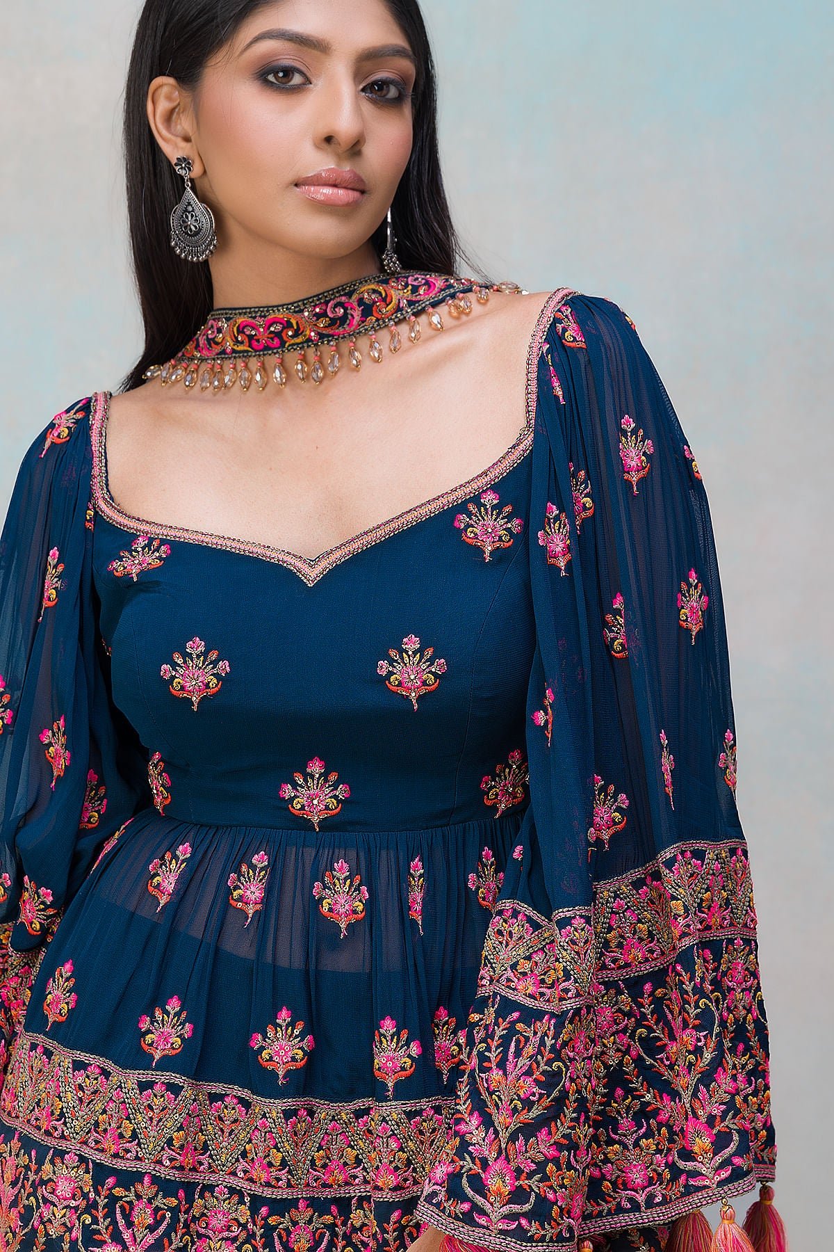 Dark Midnight Blue Resham Embroidered Georgette Palazzo Suit