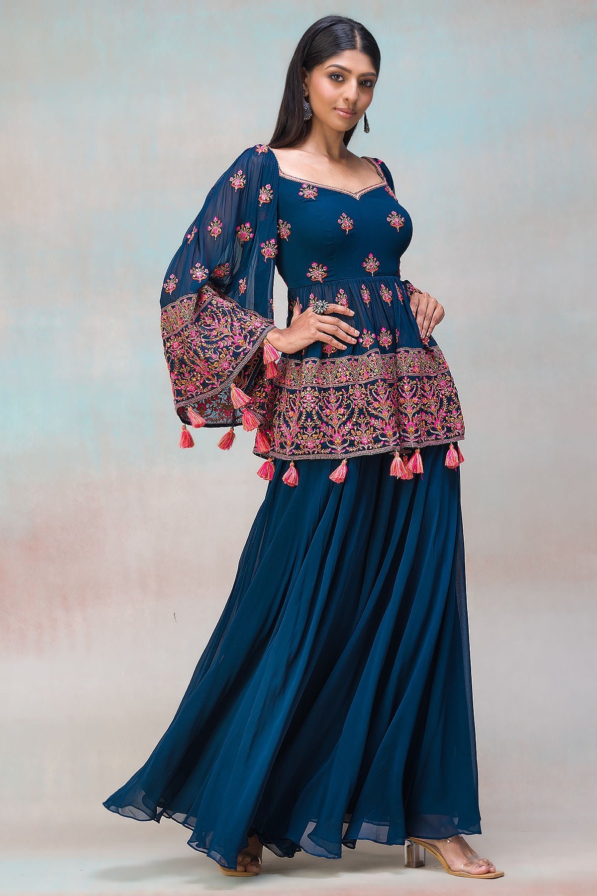 Dark Midnight Blue Resham Embroidered Georgette Palazzo Suit