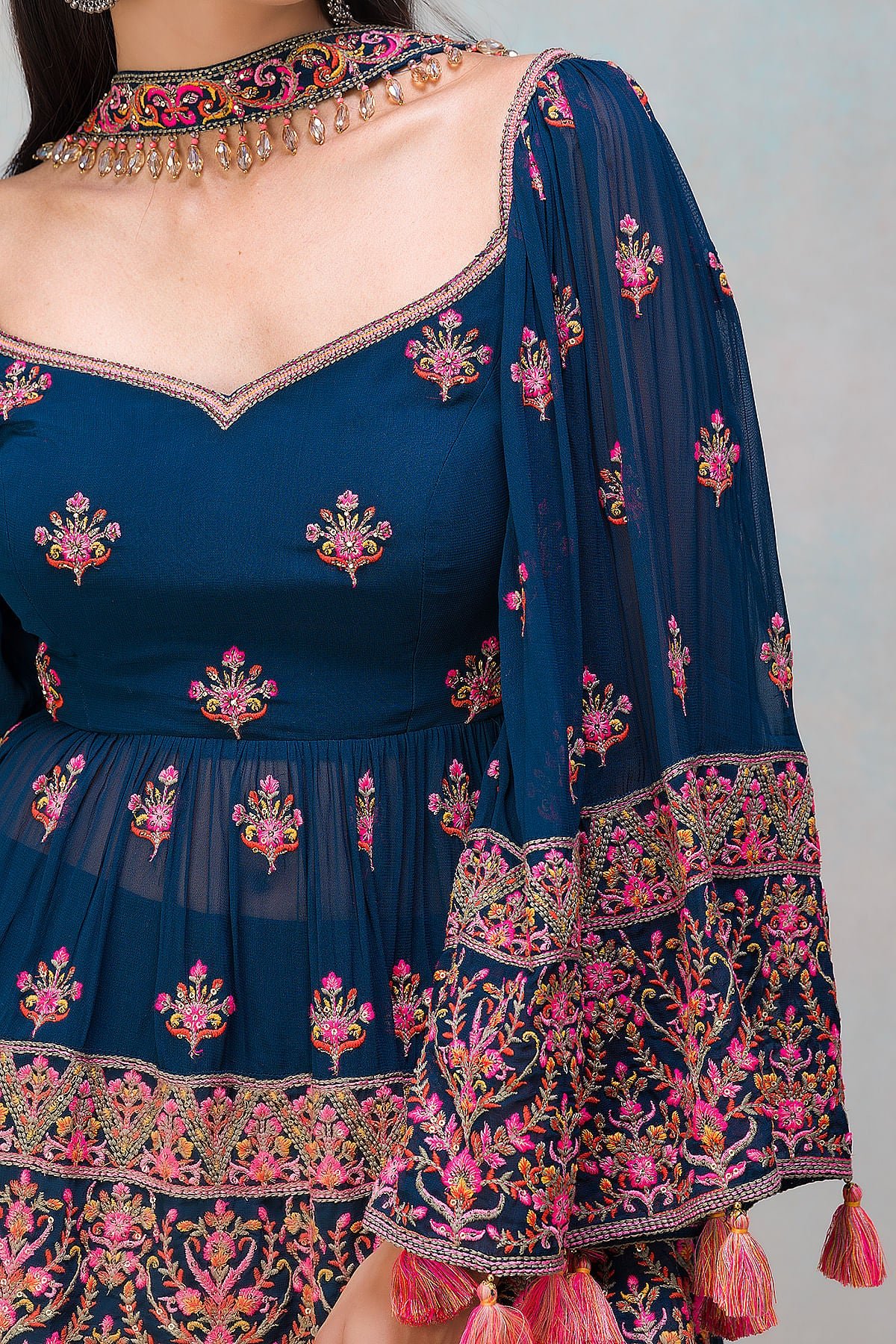 Dark Midnight Blue Resham Embroidered Georgette Palazzo Suit