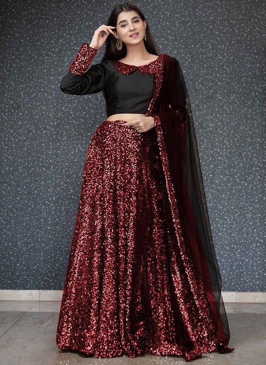 Adorable Velvet Fabric With Maroon Sequence Work Party Wear Lehengha